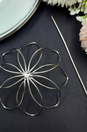 Floral spiral silver-plated hair bun cage with fork: navratri festive hair pin