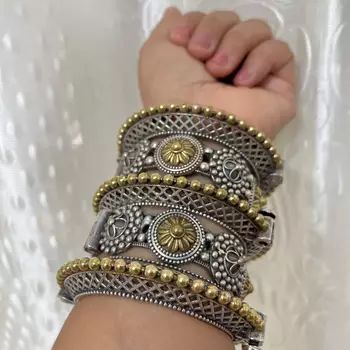 Rajwadi dual tone kada bangles combo set of 5pc, two tone silver gold plated hand kada bracelet, 1