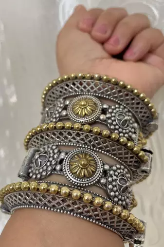 Rajwadi dual tone kada bangles combo set of 5pc, two tone silver gold plated hand kada bracelet,