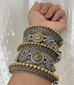 Rajwadi dual tone kada bangles combo set of 5pc, two tone silver gold plated hand kada bracelet,