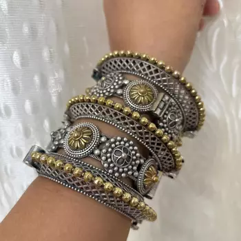 Rajwadi dual tone kada bangles combo set of 5pc, two tone silver gold plated hand kada bracelet, 2