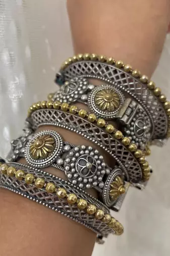 Rajwadi dual tone kada bangles combo set of 5pc, two tone silver gold plated hand kada bracelet,