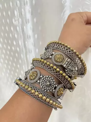 Rajwadi dual tone kada bangles combo set of 5pc, two tone silver gold plated hand kada bracelet, 3