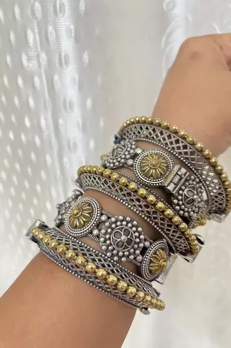 Rajwadi dual tone kada bangles combo set of 5pc, two tone silver gold plated hand kada bracelet,