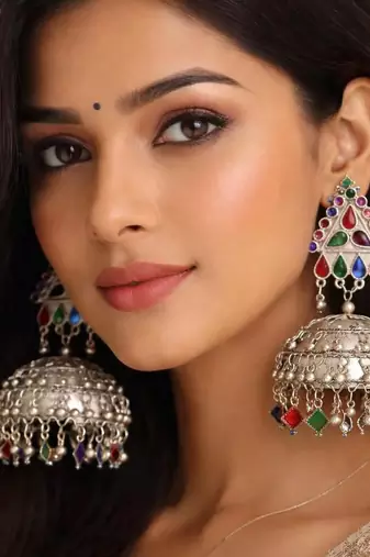Oxidised silver multicolor jhumka earrings