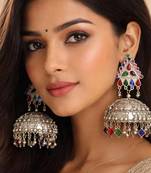Oxidised silver multicolor jhumka earrings
