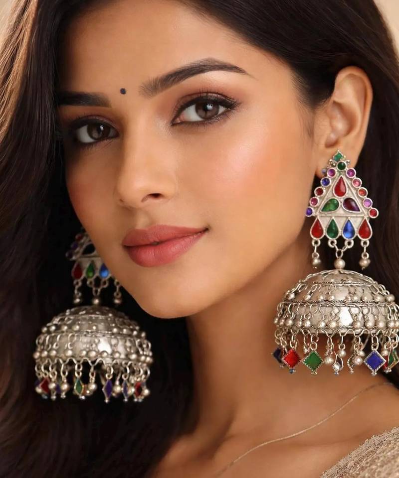 Oxidised silver multicolor jhumka earrings