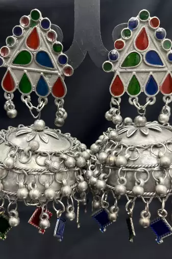 Oxidised silver multicolor jhumka earrings