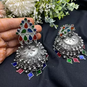 Oxidised silver multicolor jhumka earrings 3