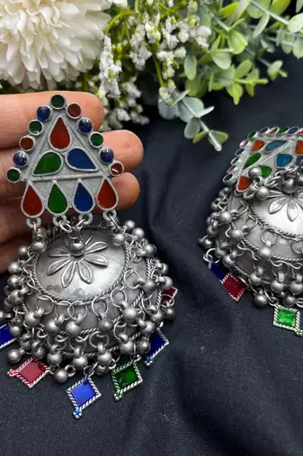 Oxidised silver multicolor jhumka earrings