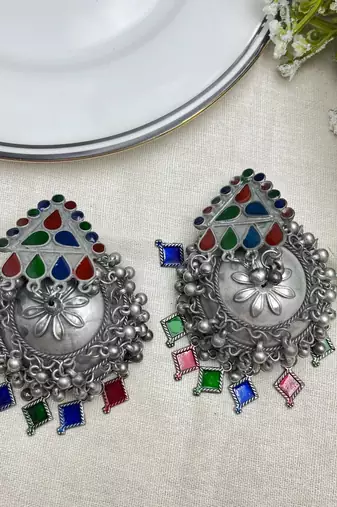 Oxidised silver multicolor jhumka earrings
