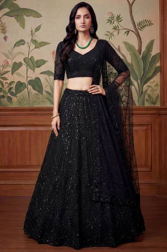 black sequins embroidered net lehenga set choli with dupatta