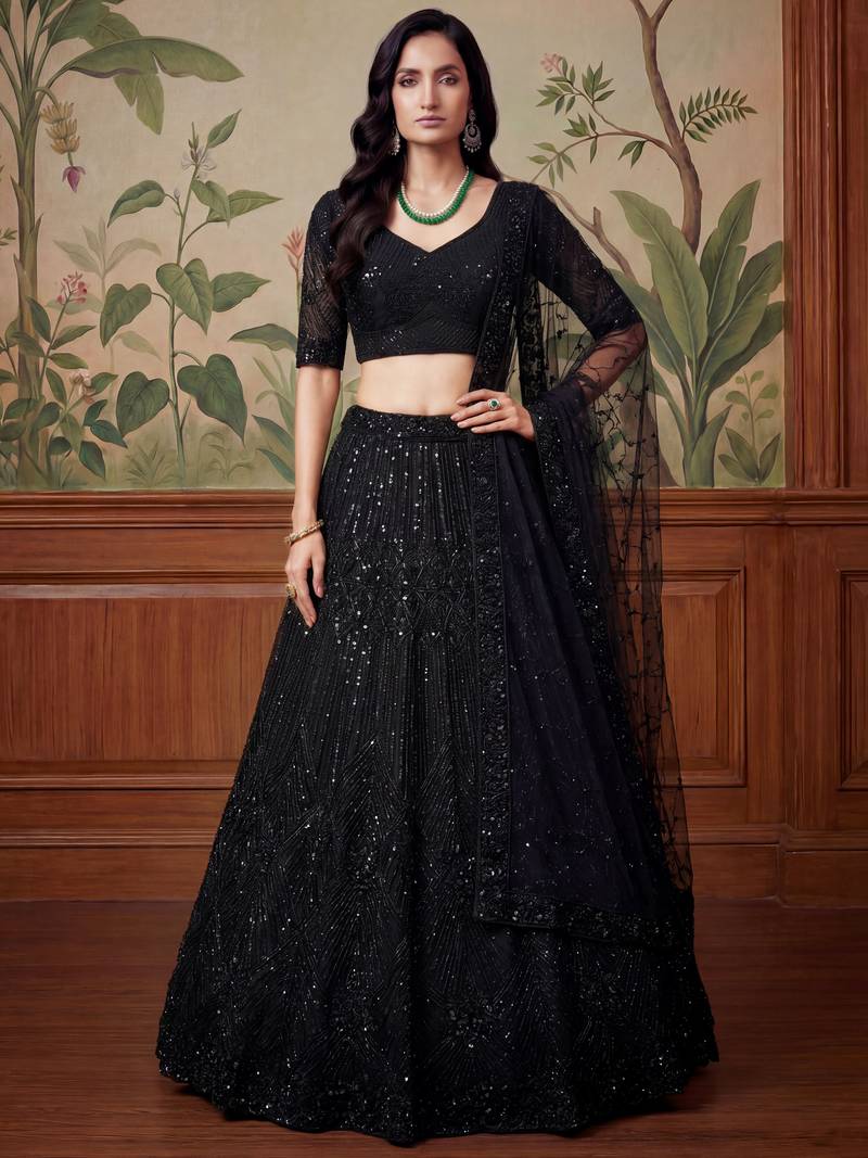 black sequins embroidered net lehenga set choli with dupatta