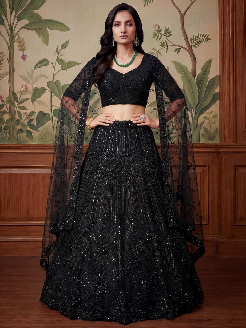 black sequins embroidered net lehenga set choli with dupatta