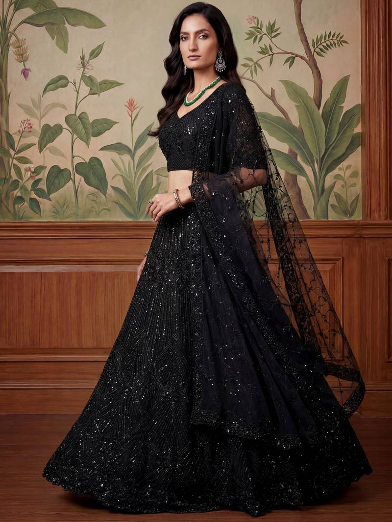 black sequins embroidered net lehenga set choli with dupatta