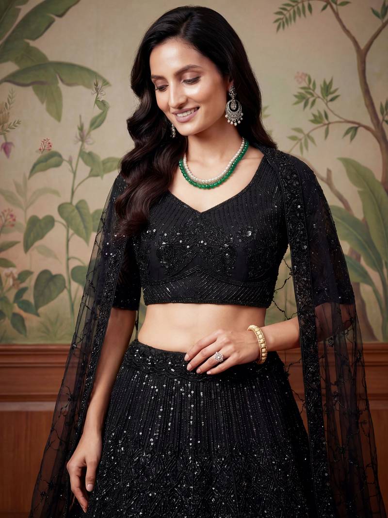 black sequins embroidered net lehenga set choli with dupatta