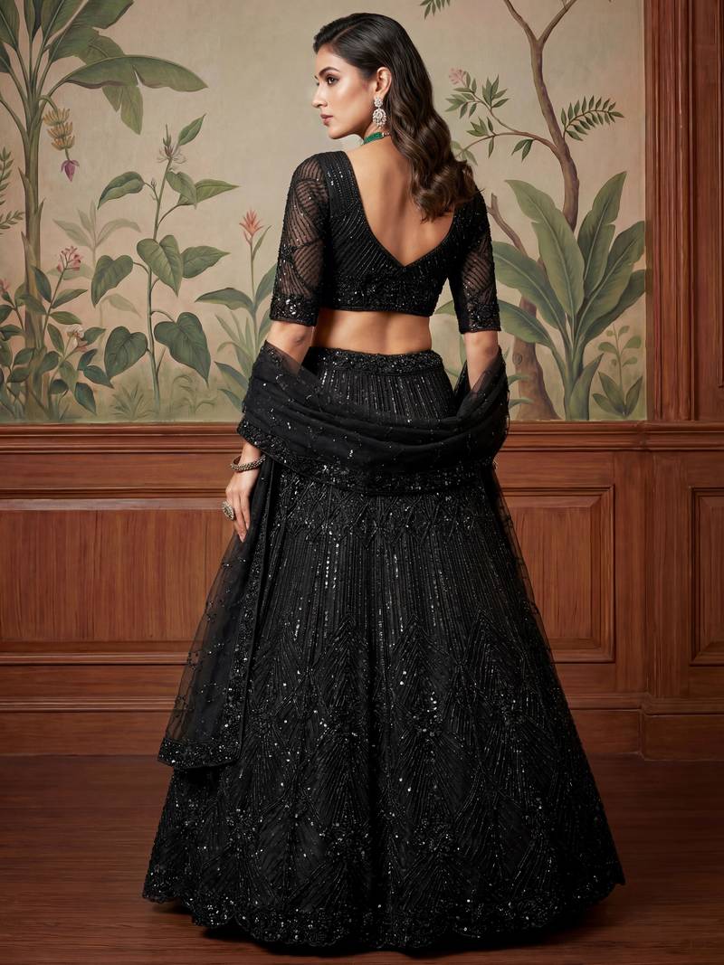 black sequins embroidered net lehenga set choli with dupatta