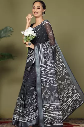 Black astita tayari cotton saree with inner & pocket