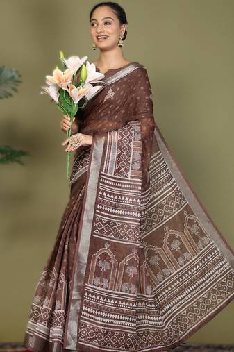 Brown astita tayari vol-2 ready-to-wear cotton saree with inner & pocket | casual & uniform wear