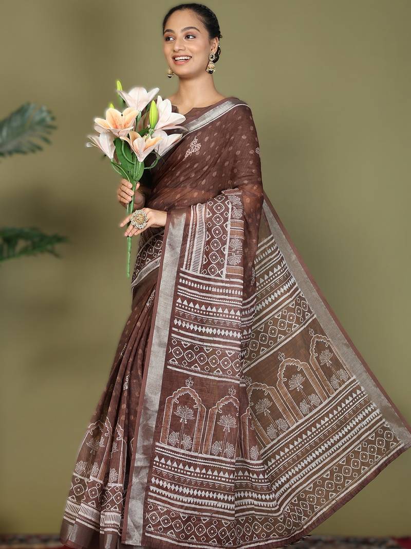 Brown astita tayari vol-2 ready-to-wear cotton saree with inner & pocket | casual & uniform wear