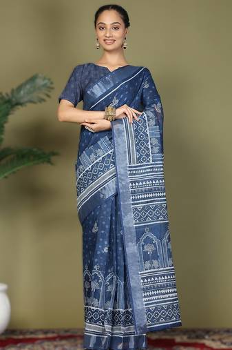Navy blue astita tayari vol-2 ready-to-wear cotton saree with inner & pocket | casual & uniform wear