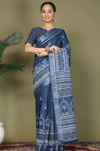 Navy blue astita tayari cotton saree with inner & pocket