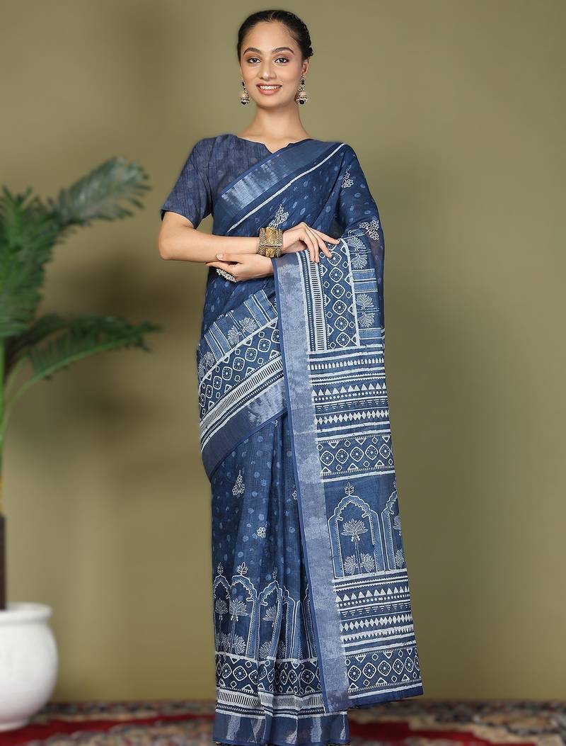 Navy blue astita tayari vol-2 ready-to-wear cotton saree with inner & pocket | casual & uniform wear