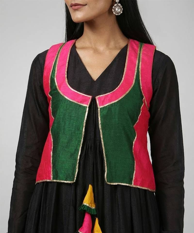 Black vichitra silk jacket gown set