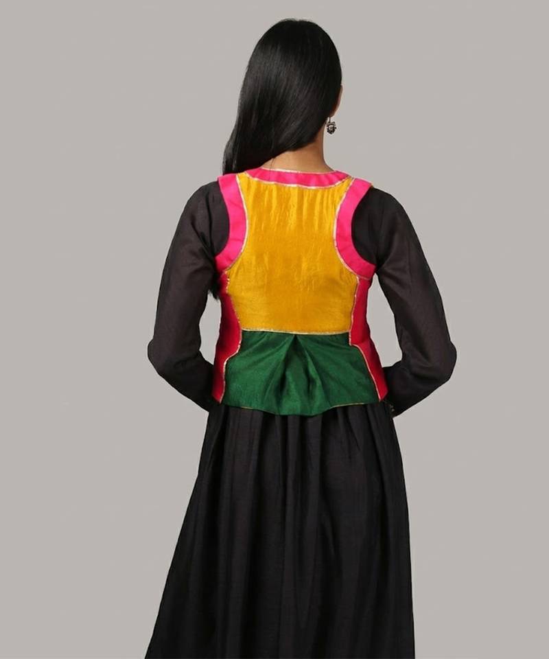 Black vichitra silk jacket gown set