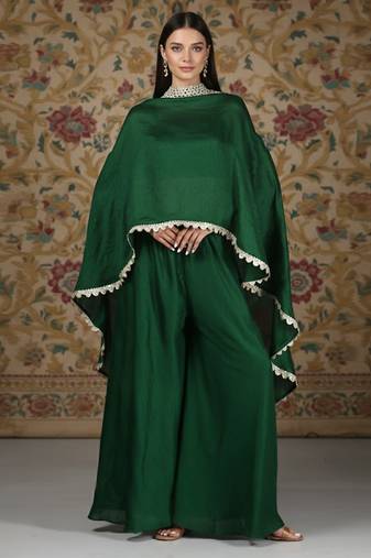 Green vichitra silk cape palazzo set
