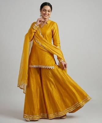 Mustard yellow vichitra silk kurta palazzo set 2