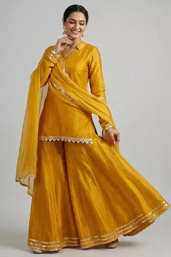 Mustard yellow vichitra silk kurta palazzo set