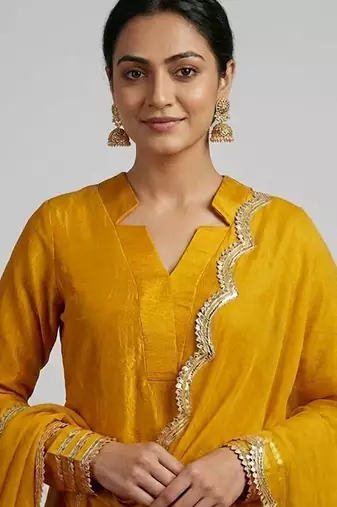 Mustard yellow vichitra silk kurta palazzo set