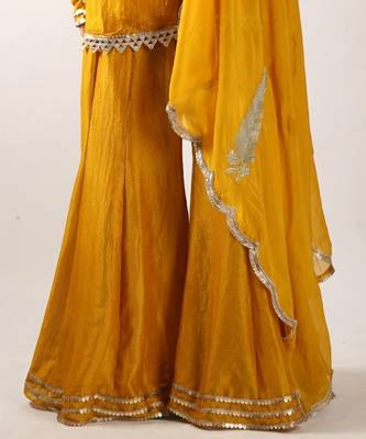 Mustard yellow vichitra silk kurta palazzo set 4