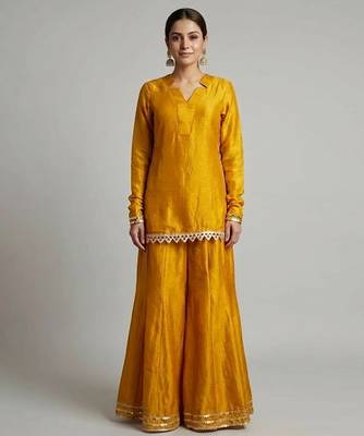 Mustard yellow vichitra silk kurta palazzo set 5