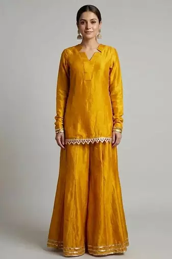 Mustard yellow vichitra silk kurta palazzo set