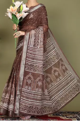 Brown astita tayari cotton saree with inner & pocket