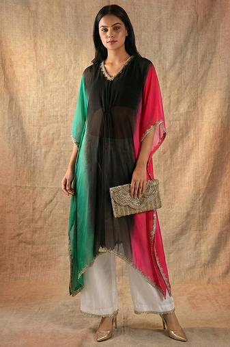 Organza kaftan top with vichitra silk pant