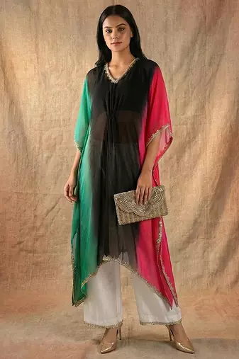 Organza kaftan top with vichitra silk pant