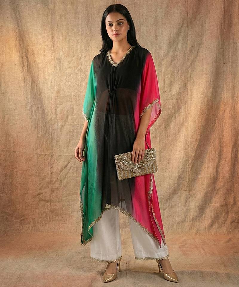 Organza kaftan top with vichitra silk pant