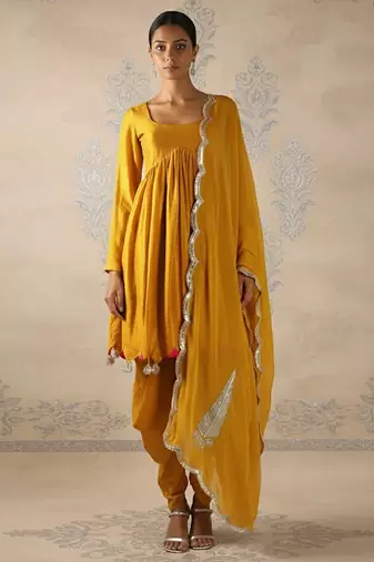 Mustard yellow vichitra silk dhoti set