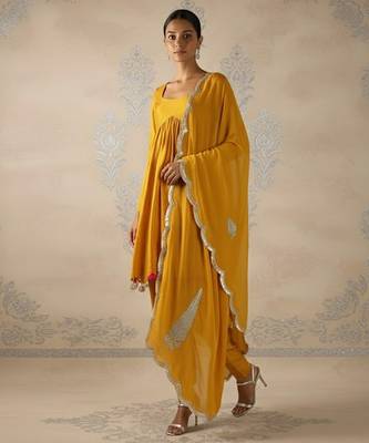 Mustard yellow vichitra silk dhoti set 3
