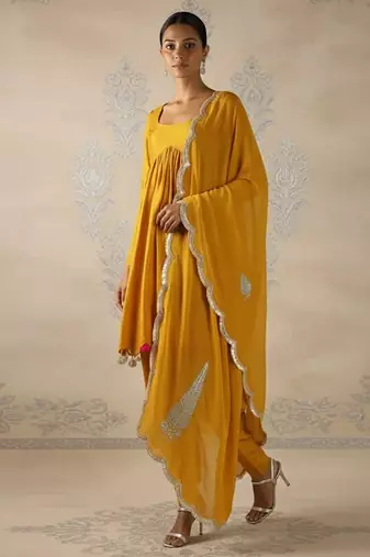 Mustard yellow vichitra silk dhoti set