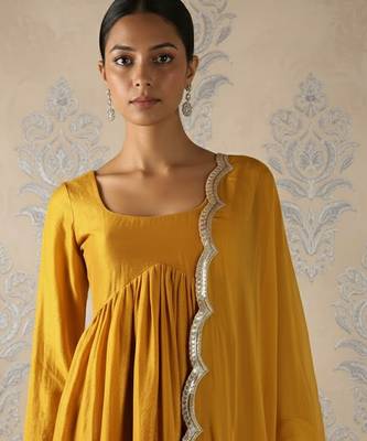 Mustard yellow vichitra silk dhoti set 4