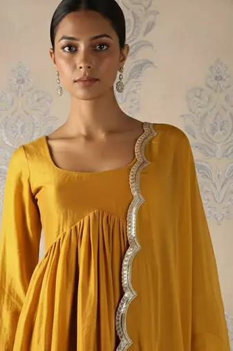 Mustard yellow vichitra silk dhoti set