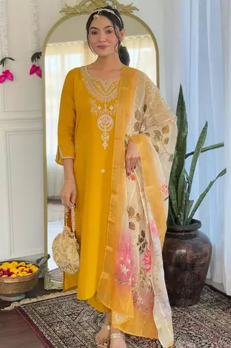 yellow viscose embroidered straight kurta with pant and dupatta set
