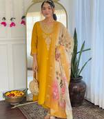 yellow viscose embroidered straight kurta with pant and dupatta set