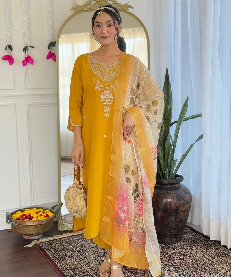 yellow viscose embroidered straight kurta with pant and dupatta set