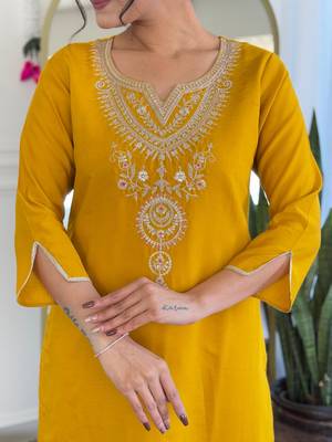 yellow viscose embroidered straight kurta with pant and dupatta set 2