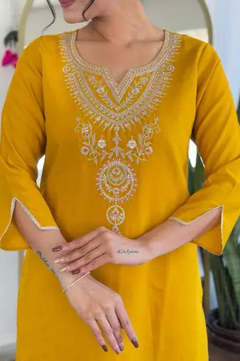 yellow viscose embroidered straight kurta with pant and dupatta set